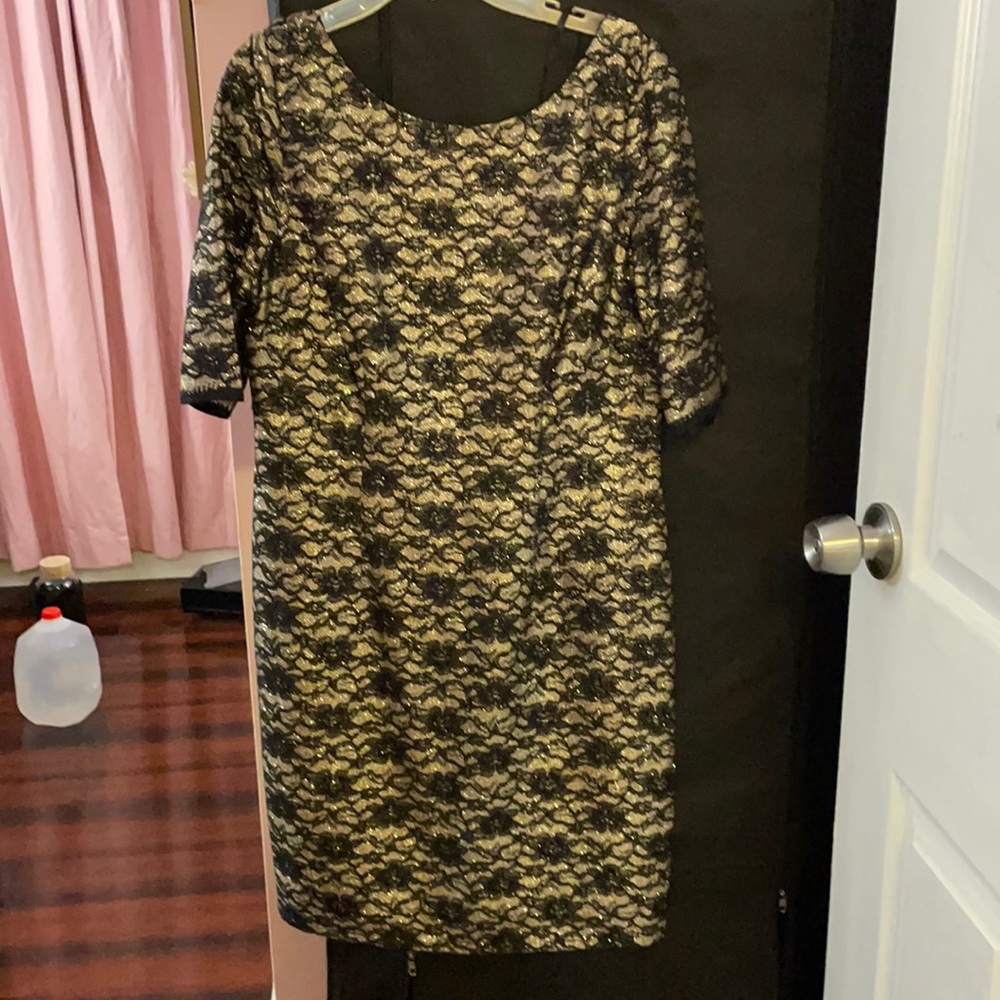 Eliza J, size 12P short black and gold lace dress
